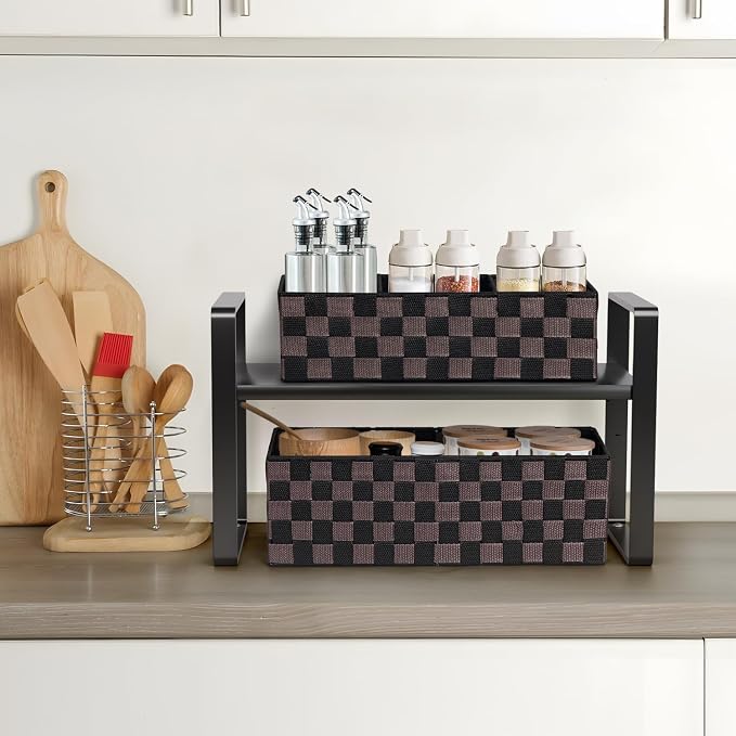Woven Storage Baskets Bins Container for Organizing, 16” Checker Pattern Ribbon Metal Wire Desk Organizer, Drawer Dresser Baskets, Countertop Toilet Paper Storage (Black & Brown), 2-Pack