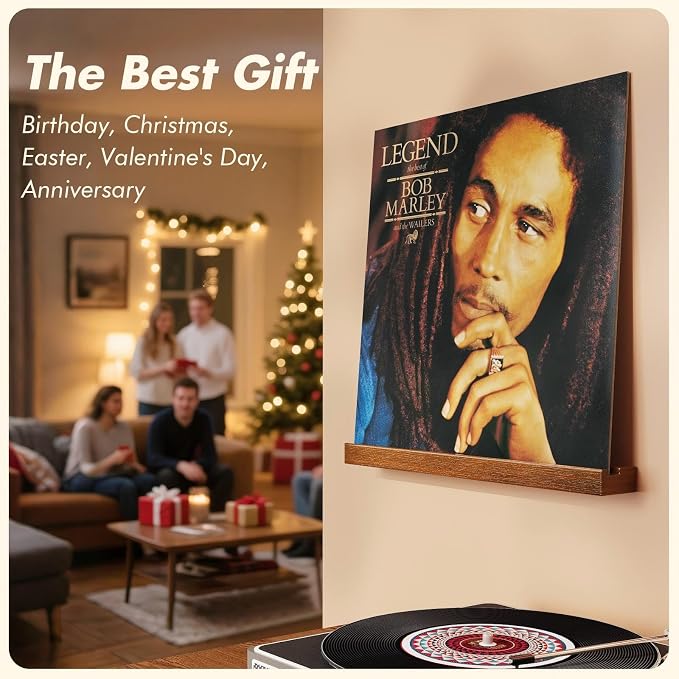 Emfogo Vinyl Record Shelf Wall Mount, 6 Pack Album Record Holder Wall, 12 inch Vinyl Record Storage Shelves Wall, Wood Record Display for Living Room (Walnut)