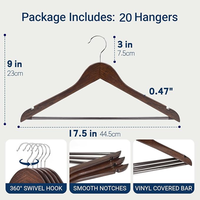 Amber Home 20 Pack Walnut Wooden Coat Hangers, Vintage Wood Suit Hangers with Non-Slip Pant Bar, Clothes Hangers for Closet Organization, Shirts, Jackets, Dresses, and Pants (Retro, 20)