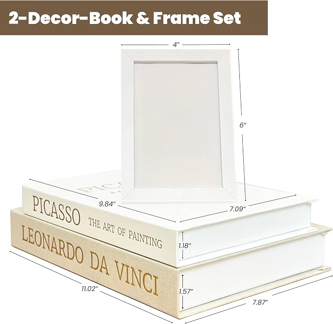 Decorative Books with Picture Frame Set - Set of 2 Decorative Books for Home Decor - Linen Faux/Fake Book for Coffee Table, Bookshelf or Bedside Decor - Hidden Storage Box for Remote & Photo