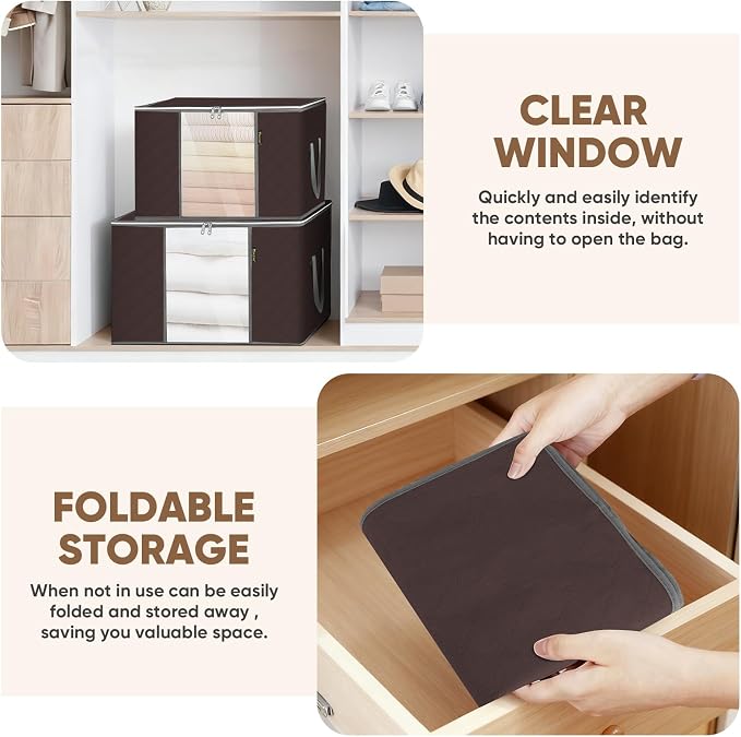 BALEINE 6 Pack Clothes Storage Bags, 24 Gallon Storage Containers with Reinforced Handle, Sturdy Zipper, Closet Organizer for Blanket, Comforter, Pillow, Bedding (Brown, 6 Pack)