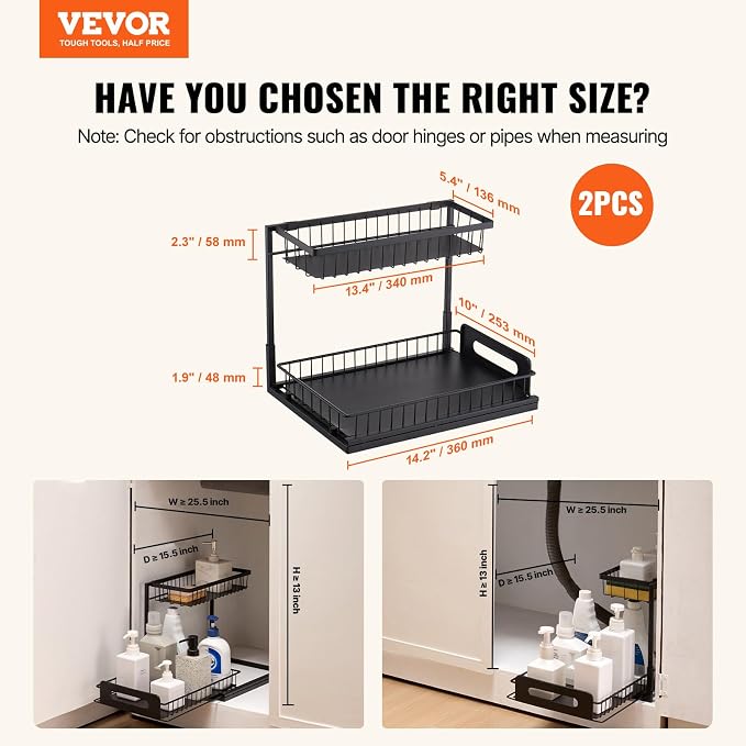 VEVOR Pull Out Cabinet Organizer, 2 Tier Under Sink Organizer and Storage(10.7"W x 14.2"D ), Slide Out Drawer Cabinet Organizer, Wire Basket Sliding Shelf for Kitchen Bathroom Cabinet, Black (2 Pack)
