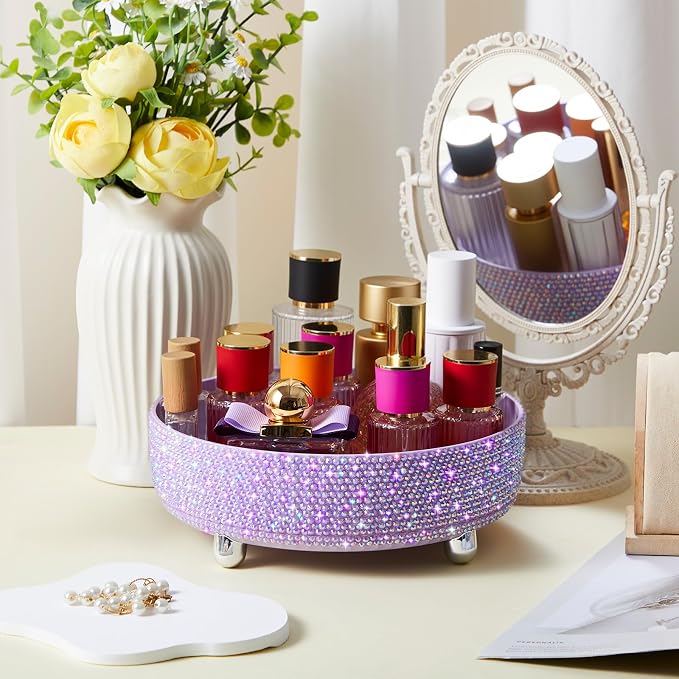 Honeydak 360 Rotating Perfume Organizer Gift for Women, Rhinestone Preppy Skincare Organizer Bathroom Counter Makeup Holder Skincare and Perfume Storage for Cosmetic(1 Tier,Resin Diamond,Purple)