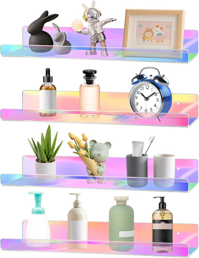 Dezzer 4 Pack Acrylic Shelves for Wall, 15" Acrylic Floating Shelves for Bathroom Bedroom, Invisible Bookshelf Wall Ledge Storage Shelf Books Perfume Toys Action Figure Display Shelves, Iridescent