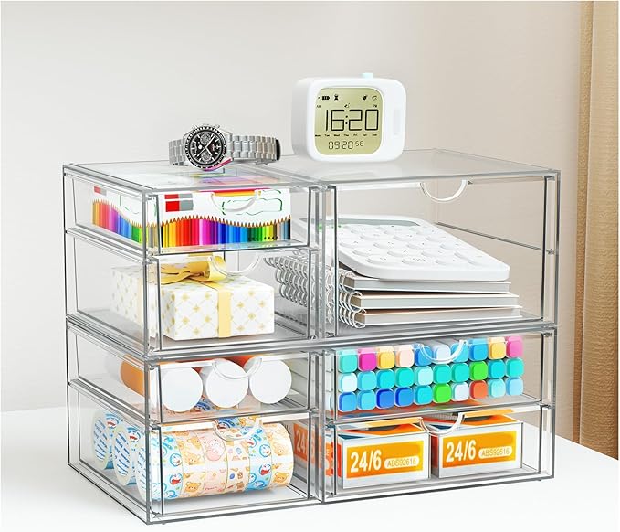 YFXCVSL Clear Stackable Storage Drawers, Acrylic Makeup Organizer with 7 Drawers, Bathroom Organizers and Storage, Plastic Bins for For Vanity, Undersink, Kitchen Cabinets, Pantry