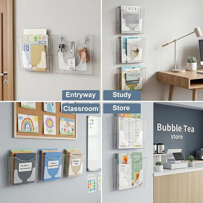 PAG 6-Pocket Clear Wall Mount File Organizer for Office, Vertical Hanging Document Paper Folder Holder for Home, Letter Size Mail Sorter, Transparent Magazine Literature Rack with Mounting Hardware