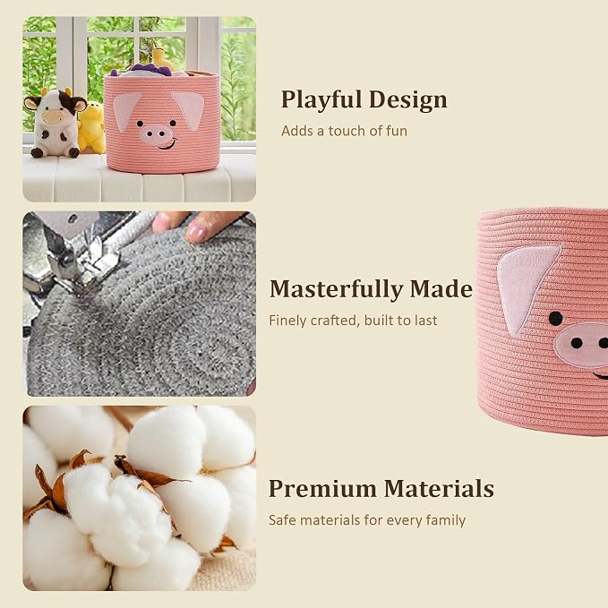 VK VK·LIVING Animal Baskets Large Woven Cotton Rope Storage with Cute Pig Design and Handles, Laundry Organizer for Towels, Blanket, Toys, Clothes, Gifts, Toy Box, Gift for Pet or Baby 15"D x 14"H