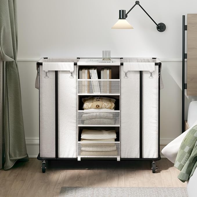 WOWLIVE Laundry Sorter 2 Section, 200L Rolling Laundry Hamper with Wheels | Laundry Cart with Steel Frame, Laundry Basket with Hanging and Removable Bag, Storage Unit Basket Organizer for Dorm, Beige