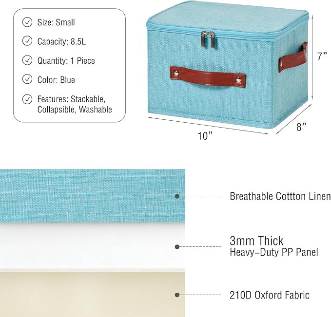 Storage Bin Box with Zippered Lid Cotton Linen Fabric Decorative Basket with PU Leather Handles PP Plastic Board Foldable Lidded Clothing Shelf Closet Organizer Container (Blue, Small)