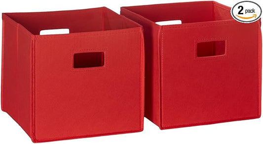 RiverRidge Folding Storage Bins - 2-pack of 10in Tall Red Cubes | Fabric Bins, Set of 2 Storage Cubes, Cut-out Handles, Playroom Closet Organizer, Collapsible Cubby with Bottom Board Insert