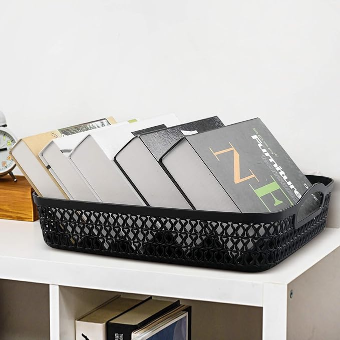 Large Plastic Storage Basket Tray with Handle, Black, Pack of 6