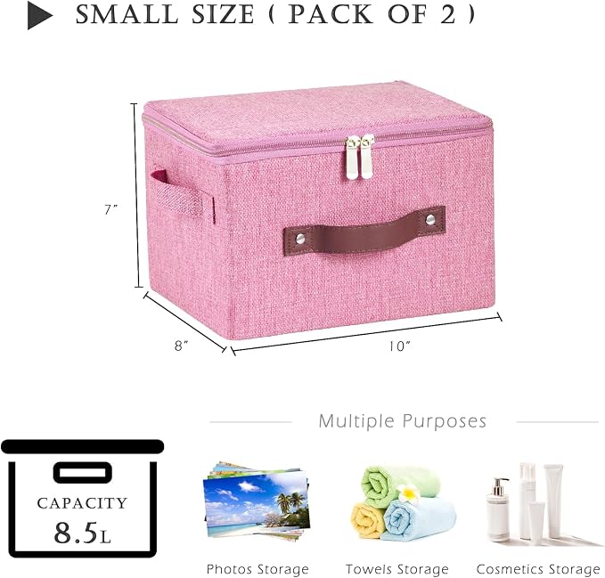 2 Pack Storage Bins with Zipper Lid Cotton Linen Fabric Lidded Storage Baskets Boxes Foldable Washable Closet Shelf Clothes Organizer Container with PU Leather Handles (Pink, Small)