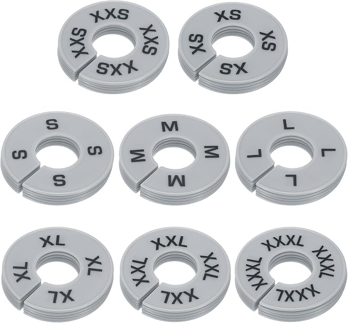 PATIKIL Clothes Dividers for Hanging Clothes, 40 Pack 8 Sizes Round Pre-written Clothing Rack Dividers Size Mark Label Sorting Separator for Closet, Grey