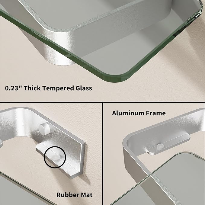 Danpoo 12-Inch Wall Shelf, Clear Tempered Glass with Matte Silver Aluminum Frame – Versatile Floating Bathroom Organizer