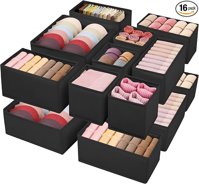 Drawer Clothes Organizer 16-Pack, Black 3 Sizes Underwear Drawer Dividers, Fabric Folding Wardrobe Organizer, Can Store Baby Clothes, Bras, Underwear, Panties, Belts, Socks, Ties