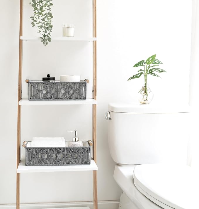 Mkono Macrame Storage Baskets Boho Decor Box Handmade Woven Decorative Countertop Toilet Tank Shelf Cabinet Organizer for Bedroom Livingroom Home, Set of 2, Grey