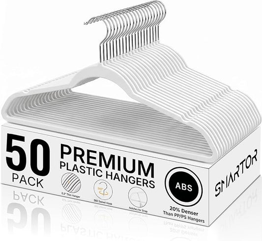 SMARTOR Plastic Hangers 50 Pack - Thin Clothes Hangers Heavy Duty | Durable, Lightweight, Space Saving, Slim Hangers Plastic, Dorm Room Essentials for College Students - White