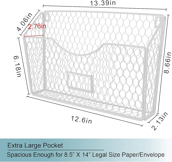 PAG 6 Pockets Hanging File Holder Wall Mount Mail Organizer Metal Chicken Wire Magazine Rack with Tag Slot, White