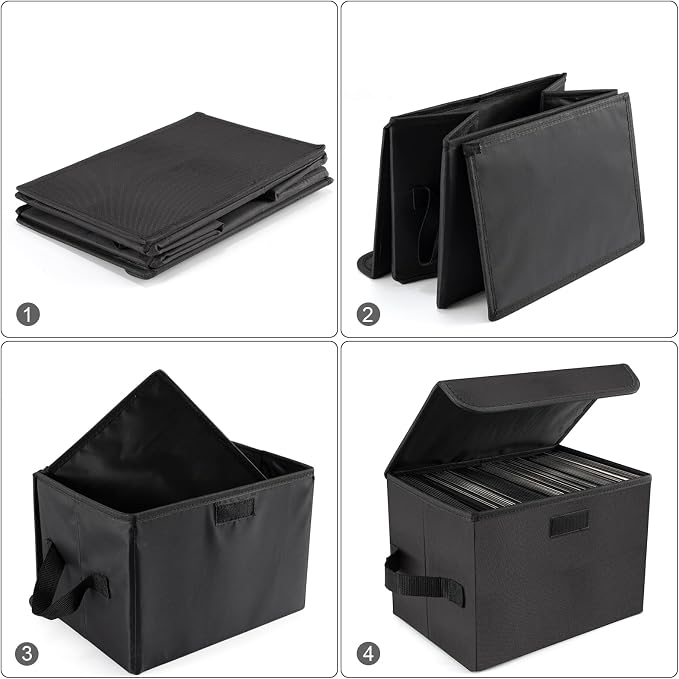 alavisxf xx 7-Inch Vinyl Storage Box, Set of 2 Stackable Case with Lid | Durable Nylon, Hold 120 Records(60 each), LP Record Organizer, Foldable, Portable Handles, for Home Office DJ Setups Travel