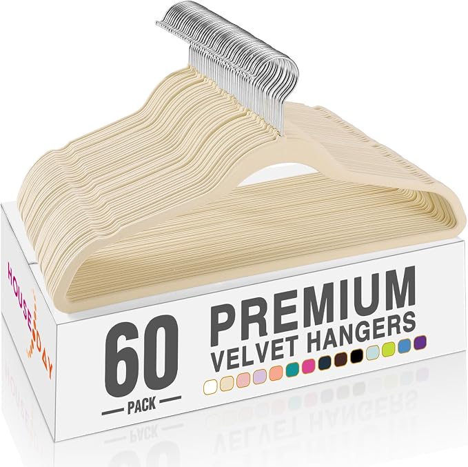 HOUSE DAY Beige Velvet Hangers 60 Pack, Non Slip Clothes Felt Hanger Heavy Duty for Coat, Premium Slim Space Saving Suit Hangers for Closet Organizer, 360° Rotating Silver Hook