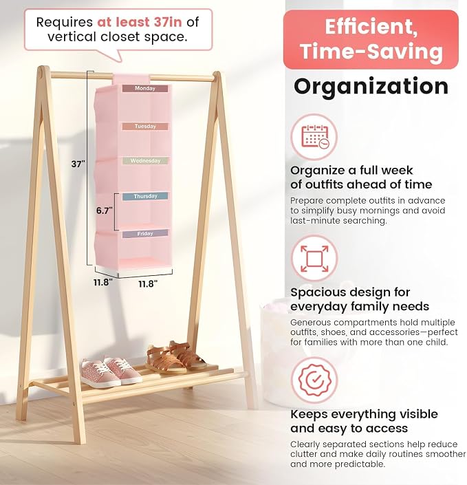 Weekly Clothes Organizer for Kids, 5-Shelf Kid Hanging Closet Organizer w/ 6 Side Pockets, Labeled Weekly Outfit Organizer for Kids, Days of The Week Clothes Organizer Monday Through Friday Pink