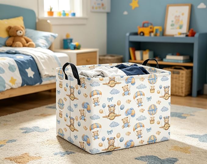 Rectangular Baby Kids Storage Basket for Home Kitchen Girls Cute Toy Storage Bin Organizer Shelf Book Room Decor(Bear Pilot)