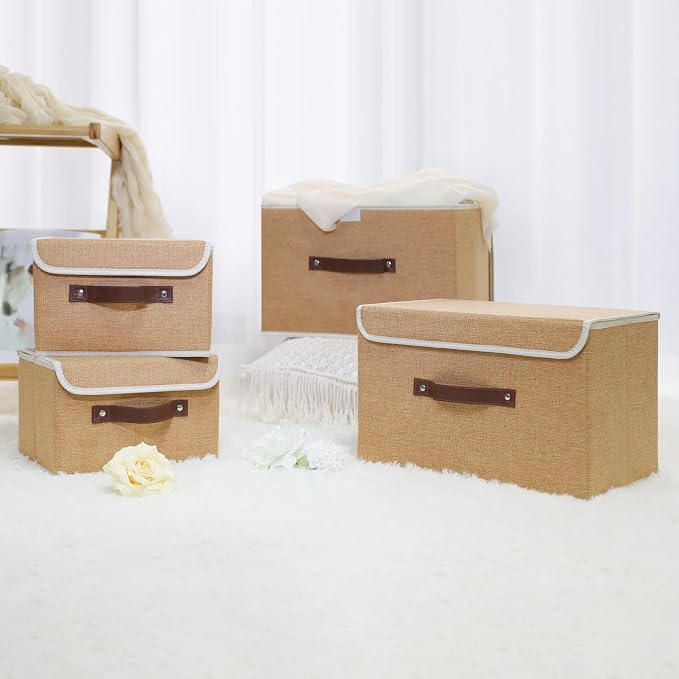 ANMINY 2PCS Storage Bins with Lid PU Leather Handles Storage Boxes PP Plastic Board Decorative Foldable Lidded Cotton Linen Fabric Home Cubes Baskets Closet Organizer Containers - Khaki, Large Size
