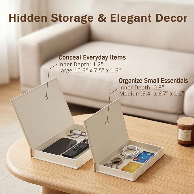 Linen Decorative Book Storage Boxes - Set of 2 Faux Books for Coffee Table Decor, Neutral Fake Book Props for Hiding TV Remotes & Entryway Styling (Khaki & Off-White)