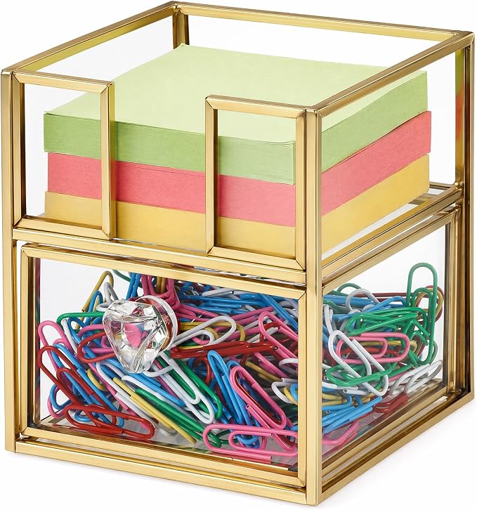 BTSKY Golden Glass 3x3 Inch Sticky Note Holder with Drawer, Elegant Post It Note Dispenser with Non-Slip Pads Clear Notepad Holder for Desk Organization Planning, Home Office Decor