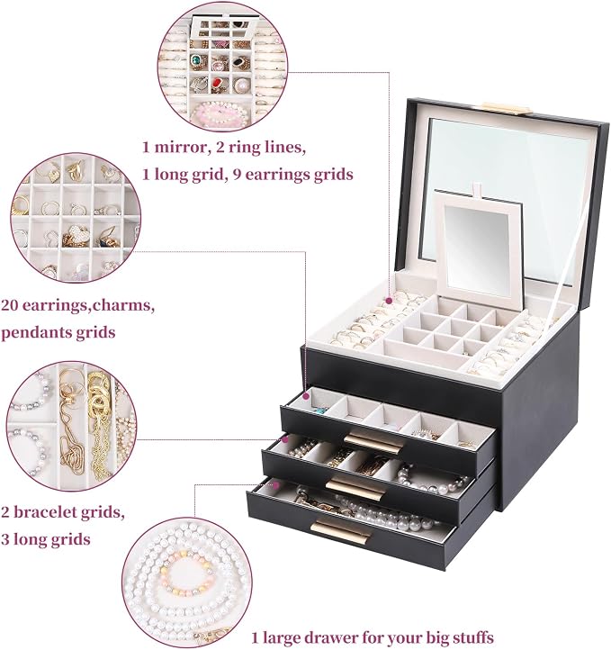 BOOVO Clear Lid Jewelry Box,3 Layers Jewelry Organizer Large Jewelry Storage Box with 2 Drawers,Jewelry Holder Organzier of Rings Earrings Necklace Bracelets for Women (Black, 4 Layer)