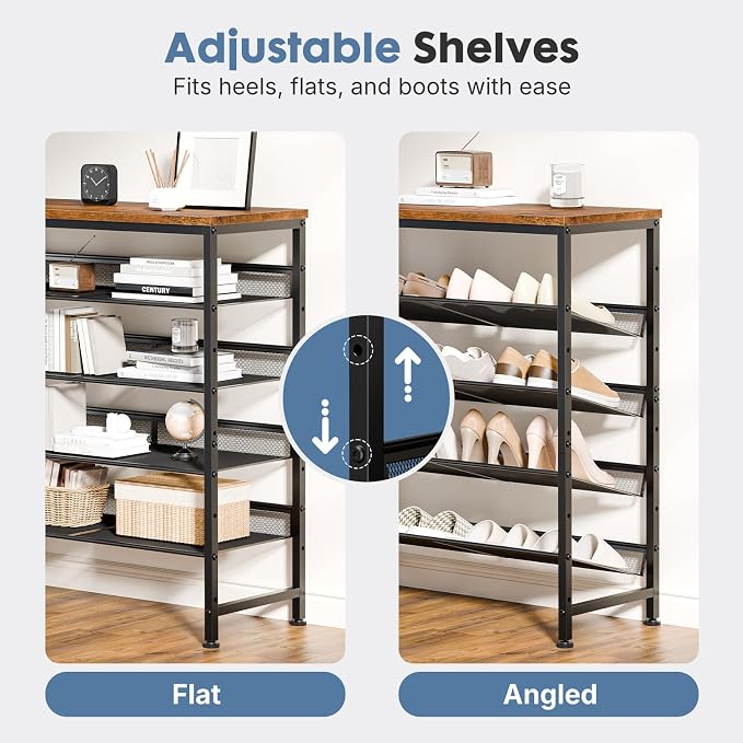 DUMOS Shoe Rack for Entryway, 5-Tier Shoe Organizer with Adjustable Mesh Shelves and Wooden Top, Freestanding Storage Rack Holds 16-20 Pairs for Closet, Bedroom, Rustic Brown | Adjustable shelves lay flat or angled, metal frame with leveling feet, fits...