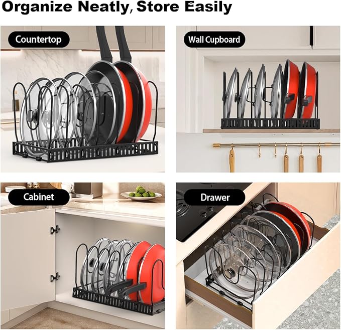Housolution Pot and Pan Lid Organizer Holder Storage Rack, Black | 7 Adjustable Dividers, Sturdy Metal Construction, Easy Assembly