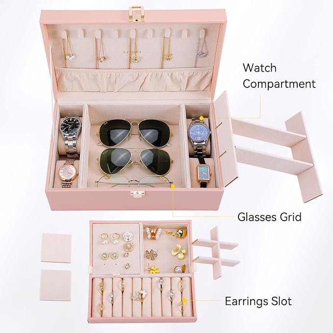 LANDICI Jewelry Box Organizer for Women, 2 Layer 4 Slot Watch Storage Case with Removable Tray, PU Leather Large Jewellery Holder Display for Watches Sunglasses Rings Earrings Necklace, Pink