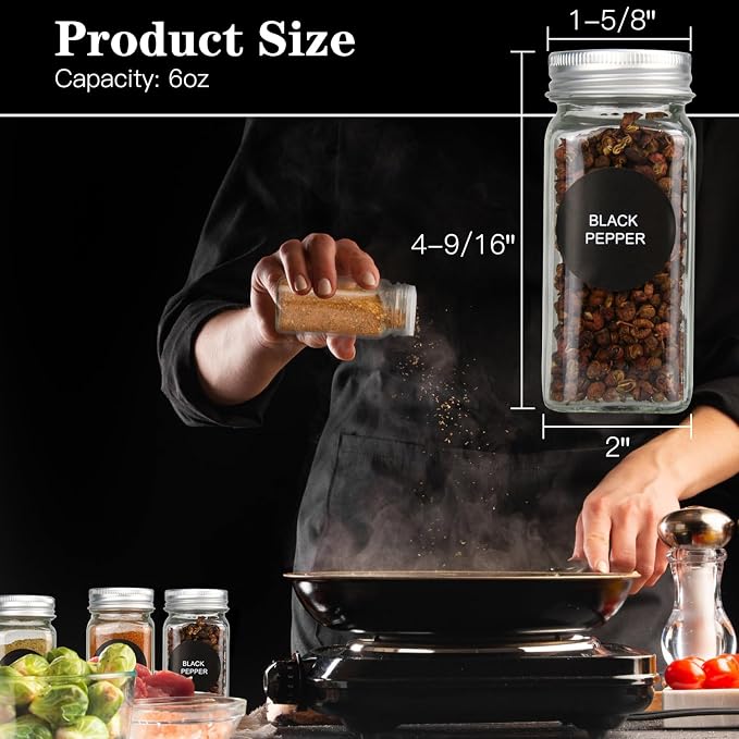 DkOvn 12pcs Glass Spice Jars with Labels, 6oz Empty Spice Jars with Mental Caps, Shaker Lids, Collapsible Funnel, Chalk Pen, Seasoning Organizer for Spice Rack