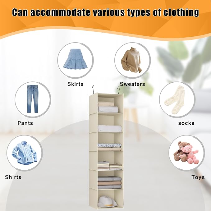 Hanging Closet Organizer 6-Shelf, Oxford Fabric Wardrobe Storage, Beige | Easy-mount foldable design holds clothes, handbags, shoes & accessories; washable Oxford fabric, sturdy and space-saving.