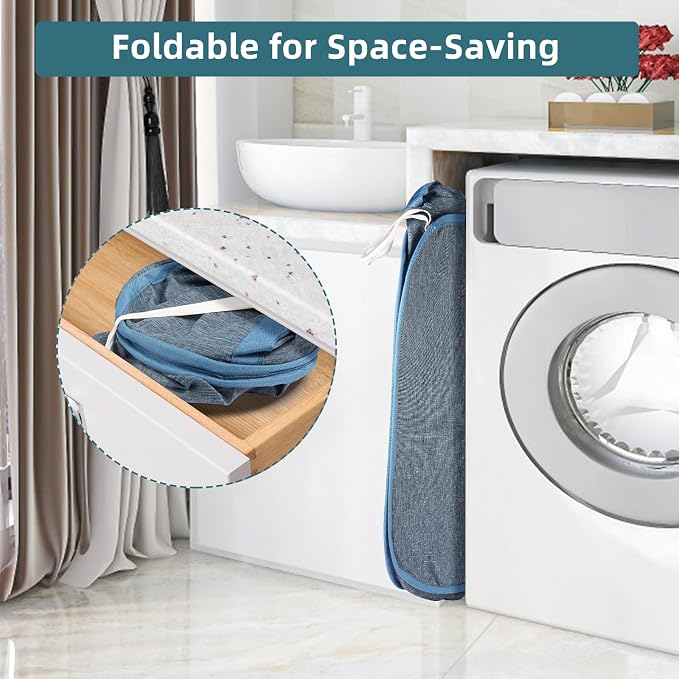 2 Pcs Collapsible Laundry Baskets, Tear Proof Pop Up Laundry Hamper with Dual Handles, Durable Foldable Laundry Basket, Easy to Carry Laundry Hamper for Home, Laundry Room, Bedroom, Dorm, Travel Blue