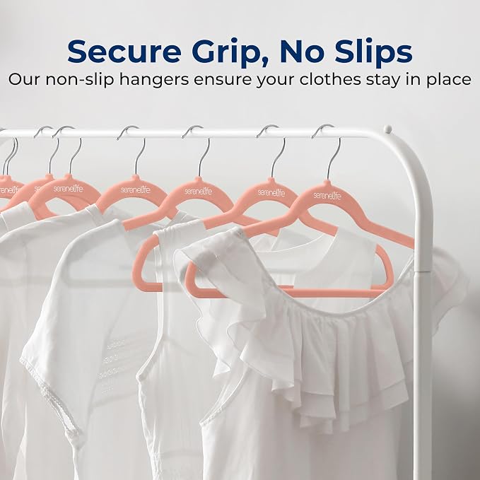 SereneLife Velvet Hangers – 100 Pack, Slim & Space Saving for Closets | Soft velvet grip prevents slipping on silk, satin & knitwear – 360° swivel hook fits all standard closet rods