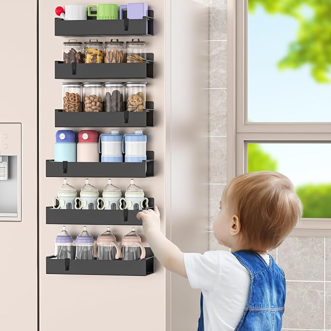 HuggieGems 6 Pack Magnetic Spice Rack Organizer for Refrigerator and Oven, Matt Black Fridge Organizers and Storage for Kitchen
