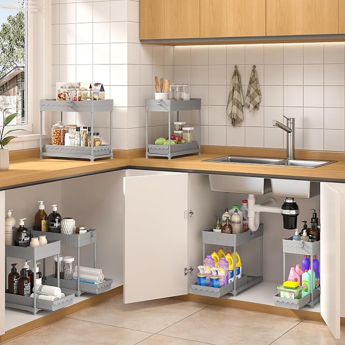 Sevenblue 3-Pack 2-Tier Under Sink Organizers with Sliding Drawers | Multi-use kitchen & bathroom storage, 12.8 inch gray cabinet organizer, space-saving sliding drawer design.