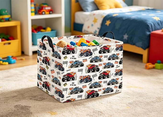 Rectangular Baby Kids Storage Basket for Home Kitchen Girls Cute Toy Storage Bin Organizer Shelf Book Room Decor(Racing Truck)