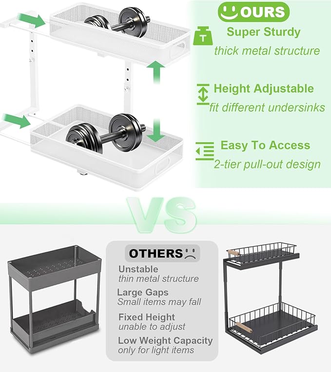 Under Sink Organizer 2 Pack, High Adjustable 2 Tier Under Sink Organizers and Storage, Slide out Metal Cabinet Organizers, Pull out Storage Drawer Shelf for Kitchen Bathroom Cabinet (White)