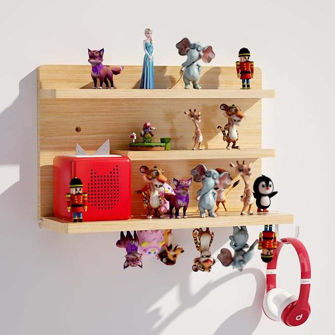 for Tonies Shelf Magnetic - 3 Tier Wooden Tonies Figure Organizer, Natural | Tonies Box Holder, Magnetic Display Shelf for Kids Room, Wall Floating Shelves Toy Storage Compatible Charging Station
