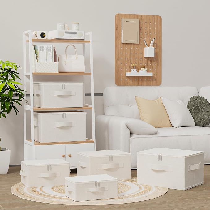 Underbed Storage Box with Lid, Foldable Clothes Organizers, Home Organising Baskets for Clothes, Shoes, Blankets, Pillows, 14.9x10.2x5.9Inches, Beige, 1 Pack