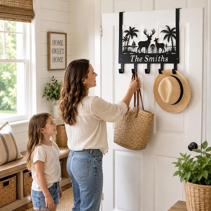 Personalized Over The Door Key Holder with Hooks, Custom Family Name Metal Door Hanger, Beach Deer Wall Hook Rack for Entryway Bedroom Bathroom, Housewarming Gift for New Homeowners