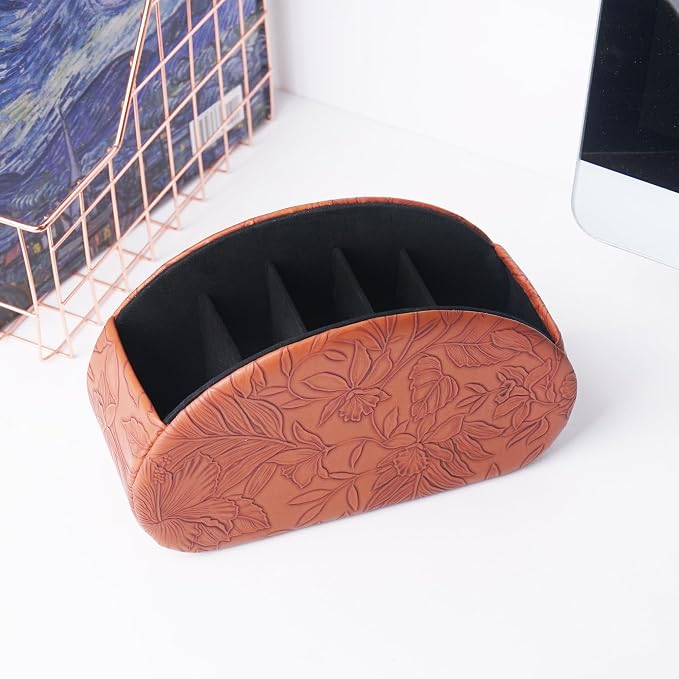 Remote Control Holder, PU Leather Remote Caddy Desktop Organizer with 5 Spacious Compartments for TV Remotes/Media Controllers/Office Supplies (1-Carved Brown