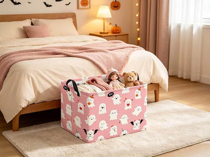 Halloween Basket Cute Baskets for Kids Pumpkin Basket Rectangular Storage Bin Organizer Box Room Decor(Pink Ghosts)