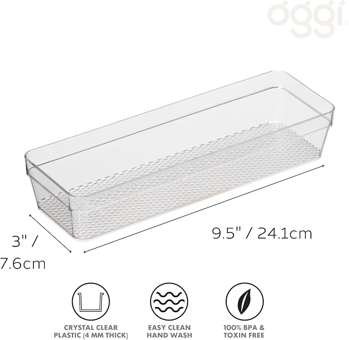 Oggi Clear Drawer Organizer - 3" X 9.5" - Ideal for Organizing Kitchen Drawers, Office, Desk, Silverware, Kitchen Utensils, Cosmetics and Bathrooms