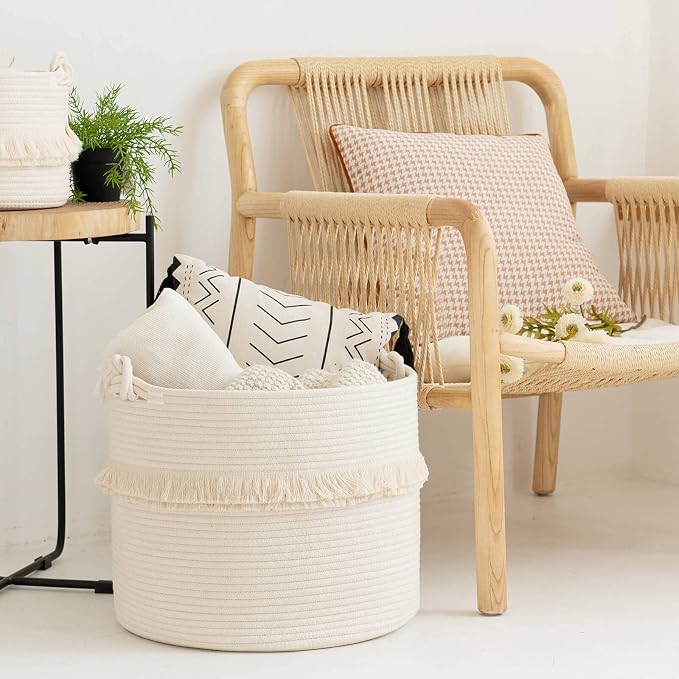 CherryNow Baby Laundry Basket, Cotton Rope Basket for Blankets & Toys, 45L | Compact Storage Basket for Organizing Bbay Clothes & Toys, Decorative Basket with Tassels, Perfect for Nursery Décor, White