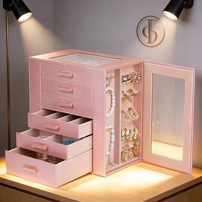 BOOVO Clear Lid Jewelry Box,6 Layers Jewelry Organizer Large Jewelry Storage Box with 6 Drawers,Jewelry Holder Organzier of Rings Earrings Necklace Bracelets for Women (Rose Gold, 6 Layer)