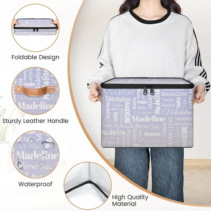 Custom Storage Basket with Name, Personalized Keepsake Box with Zipper Lid, Foldable Fabric Memory Bin Large capacity with Handle Purple White